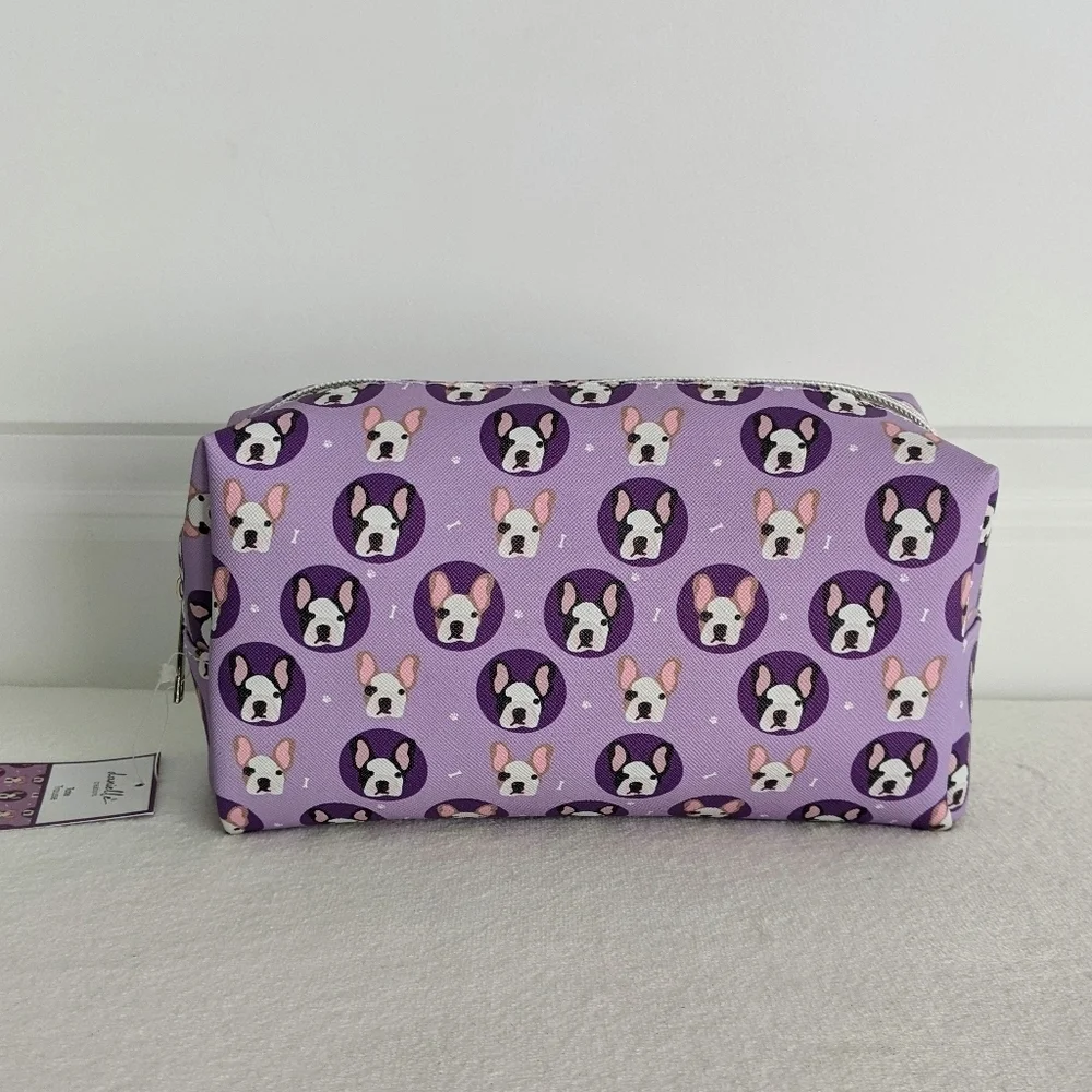 Boston Terrier Frenchie Cosmetic Bag Case Saffiano Vinyl Purple Lined NWT